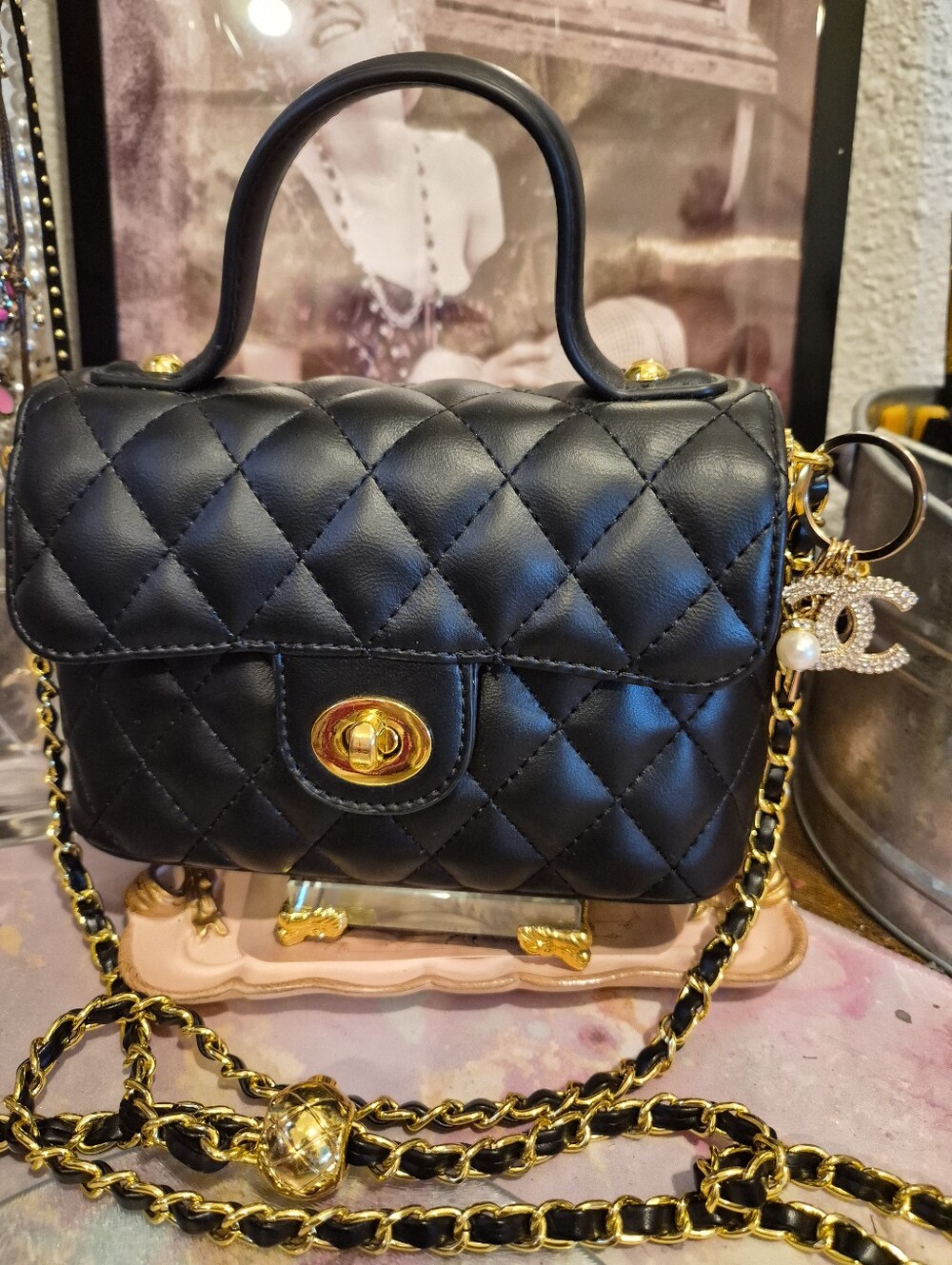 Black Quilted Chain Shoulder Bag with Chanel Gold Hardware